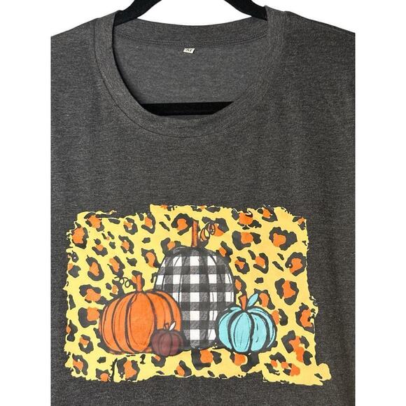 Women's Short Sleeve Crewneck Pumpkin Graphic Print Pullover T-Shirt Size M Gray - Picture 2 of 7